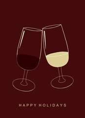 simple elegant two alcohol glasses celebrating 2025 new year holiday greeting card red champagne wine