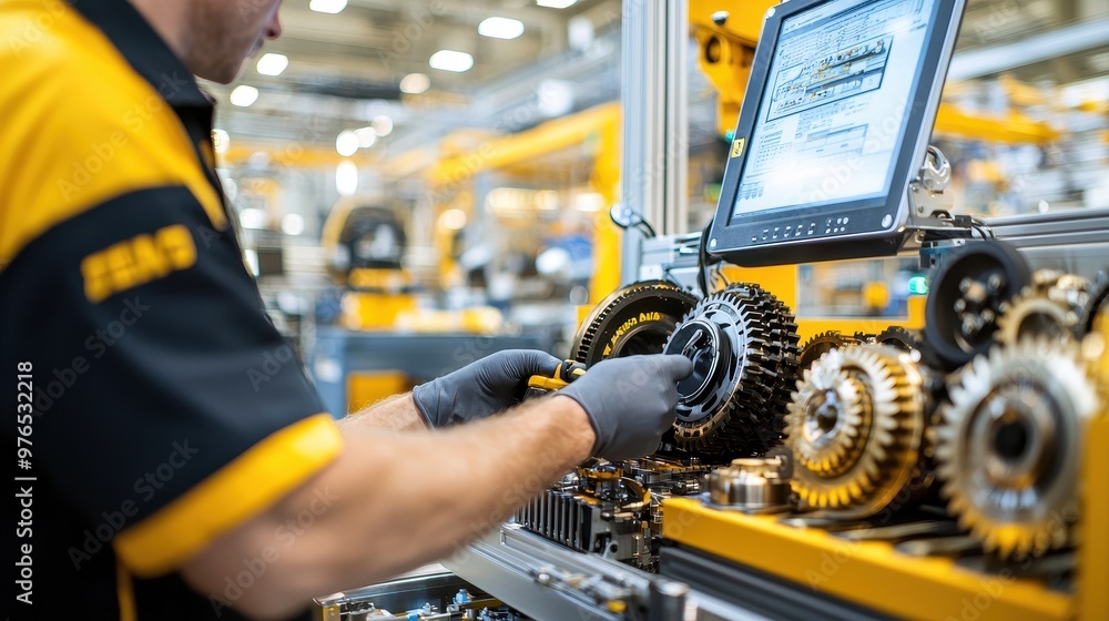 Poster engineer working on machine gears in factory