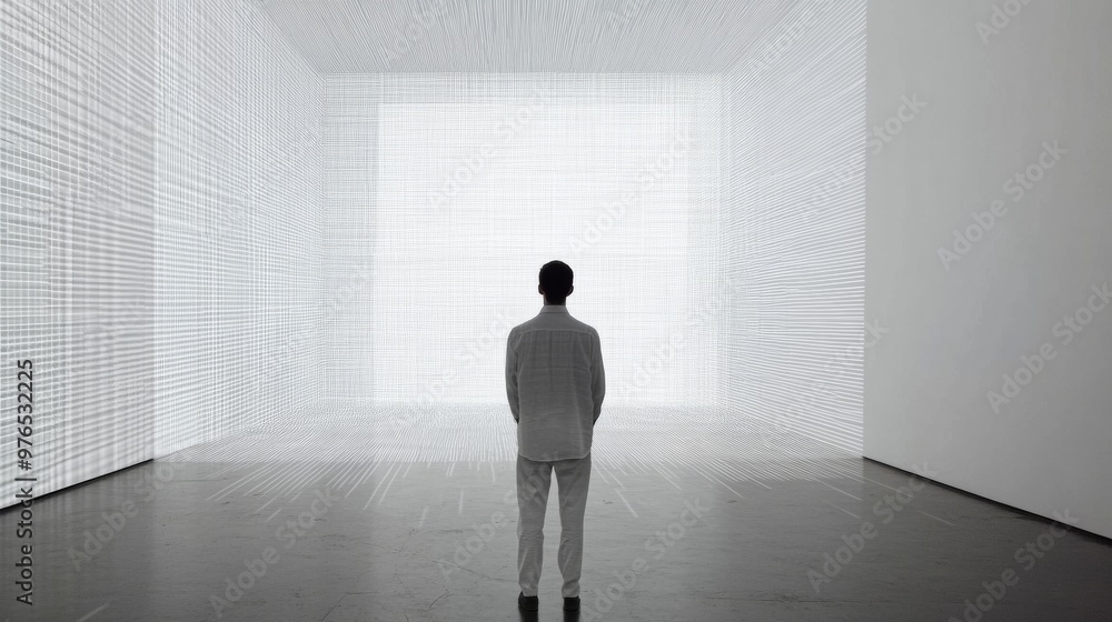 Aufkleber Man Standing in Minimalist Digital Art Installation with Light Grid Projection on Wall