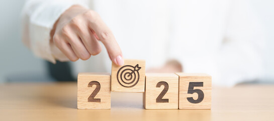 2025 year block with dartboard icon. Goal, Target, Resolution, strategy, plan, Action, mission,...