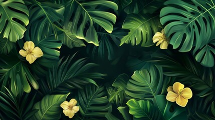 A vibrant and modern background featuring lush green tropical leaves and delicate yellow flowers, creating a sense of tranquility and natural beauty.