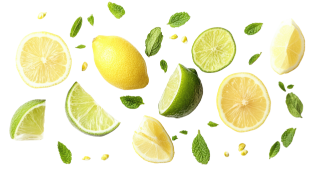 Pattern featuring lemons, lemon slices, and lime on a fresh, colorful background