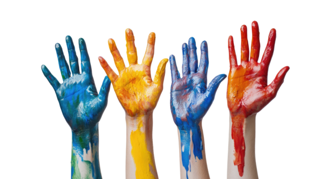 Colorful hand prints and raised hands of children in a fun, vibrant illustration