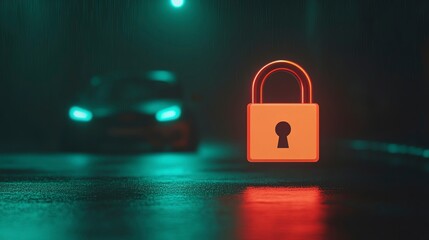 A neon padlock symbol shines in a mysterious, foggy urban night scene with a car in the background, symbolizing security and safety.