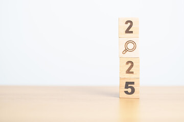 2025 block with magnifying glass icon. SEO, Search Engine Optimization, hiring , Advertising, Idea,...