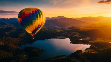Fototapeta premium A vibrant hot air balloon glides gracefully over a breathtaking landscape of majestic mountains, a serene lake, and a captivating sunset.