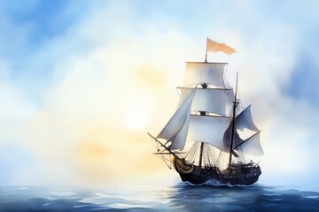 Fototapeta premium A watercolor painting of a pirate ship sailing across the ocean at sunset, symbolizing adventure, exploration, freedom, the sea, and history.