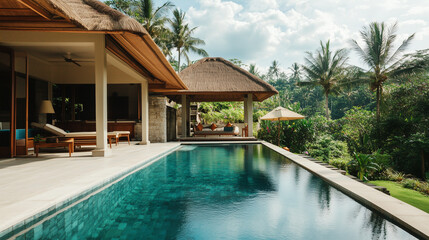 Fototapeta premium Luxurious tropical villa with serene swimming pool, surrounded by lush greenery and tall palm trees under a bright sky, providing a relaxing atmosphere.