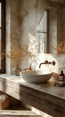 Modern Bathroom Interior Design Illustration with Natural Stone and Wood