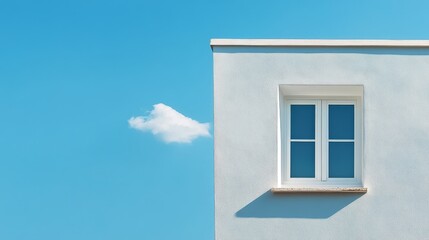 A white house with a single window, overlooking a blue sky with a fluffy cloud. Simplicity, architecture, nature, light, and serenity.