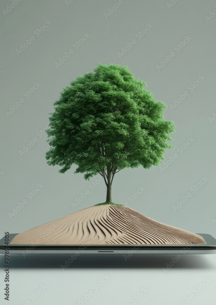 Aufkleber minimalist graph tree growing from tablet screen, merging technology and nature