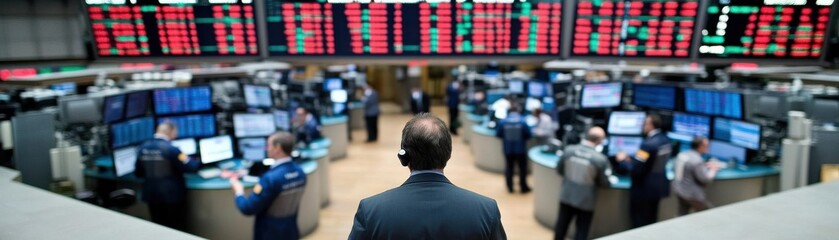 Fototapeta premium A bustling stock exchange with traders monitoring market trends on multiple screens, highlighting the fast-paced financial environment.