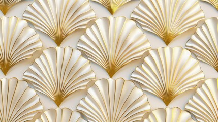 Elegant gold fan pattern, vintage art deco design featuring stylized palm leaves, seamless repeat on a soft light background, rich in detail and sophistication.