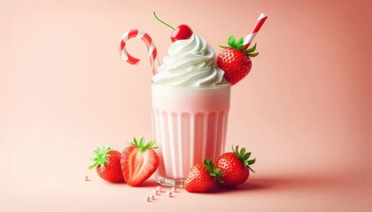 A classic strawberry milkshake topped with whipped cream, a cherry on top, and a striped straw, with fresh strawberries around the base, colorful and fun