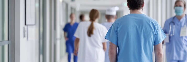 Fototapeta premium The image shows medical staff in uniforms walking down a hospital corridor, highlighting the busy and important atmosphere in a healthcare facility through their movements and the setting.