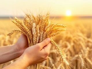 Obraz premium A close-up of hands holding ripe wheat against a golden sunset backdrop in a vast field, representing agriculture and harvest.