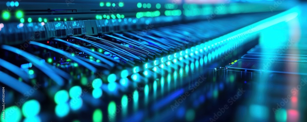 Poster a close-up view of illuminated network cables in a modern data center, showcasing technology and con