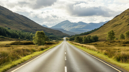 Fototapeta premium A scenic road stretches through a mountainous landscape under a partly cloudy sky, encapsulating the beauty of nature and adventure.