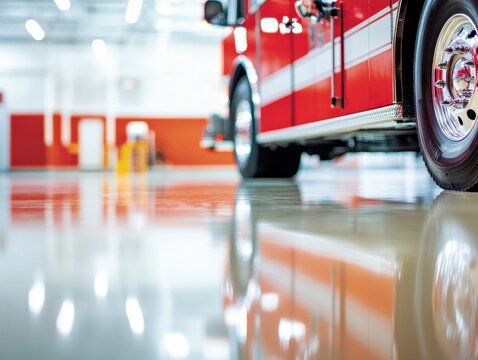 A close-up view of a red fire truck with shiny wheels on a smooth, reflective garage floor, showcasing emergency vehicle features.