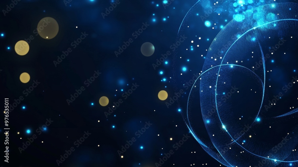 Poster abstract background featuring a dark blue canvas with a glowing blue orb surrounded by particles and