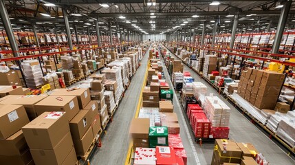 Fototapeta premium Large Warehouse Interior With Stacked Cardboard Boxes