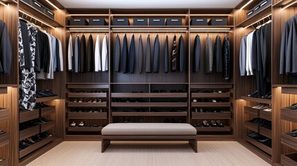 Modern Walk in Closet Interior Design with Wooden Shelves  Drawers and Lighting