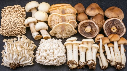 Assortment of Fresh Edible Mushrooms on Black Background