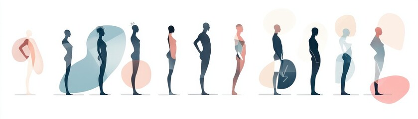 Fototapeta premium A diverse lineup of abstract human silhouettes showcasing various body types and styles against a minimalist background.