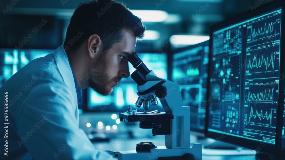 Poster a focused scientist examines samples under a microscope, with advanced data displays in the backgrou
