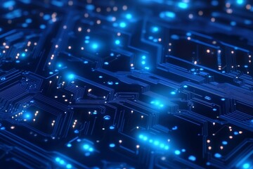 Abstract blue circuit board background with glowing lights, representing technology, innovation, connection, data, and digital world.