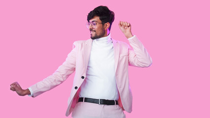 Winner dance. Party joy. Success celebration. Neon light happy relaxed guy in glasses stylish suit...