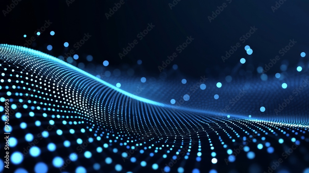 Poster abstract dark blue background with a subtle wave pattern created by a grid of dots. this design evok