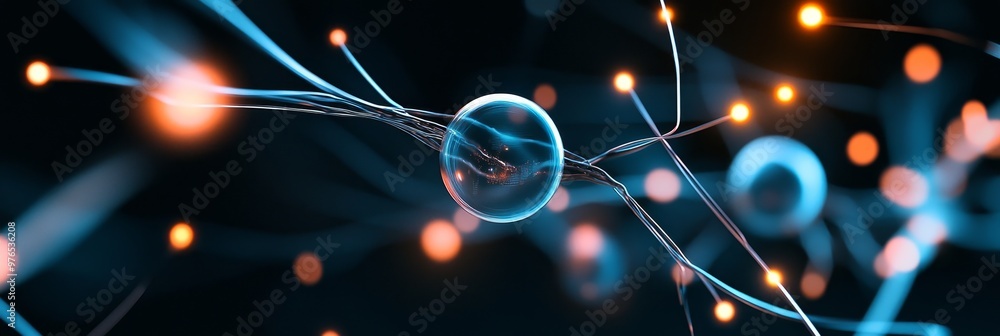 Poster abstract digital network with glowing spheres and multicolored light streaks, symbolizing connection