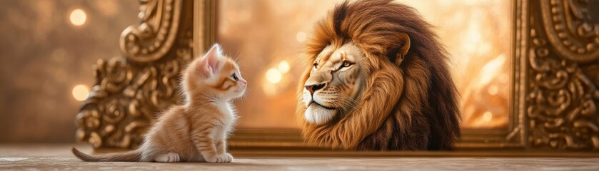 Fototapeta premium A kitten gazes curiously at a majestic lion, reflecting the beauty of nature and the bond between different species.