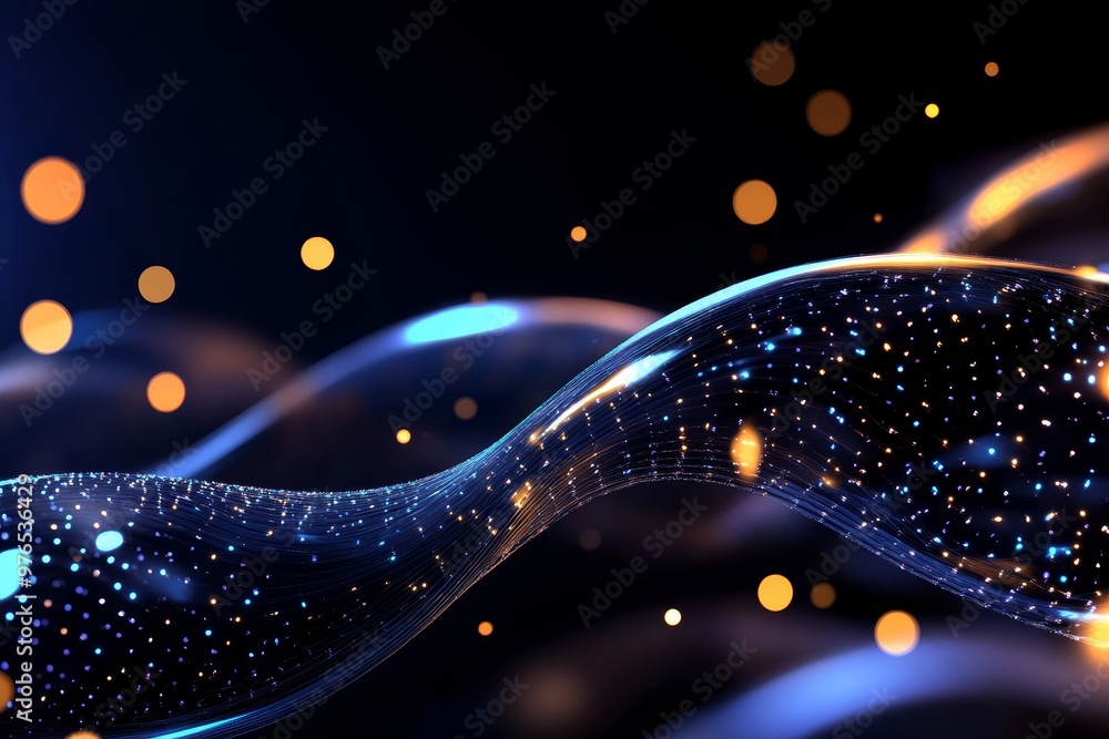 Poster abstract glowing waves with bright particles is a mesmerizing image representing digital, technology