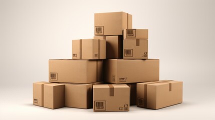 A pile of cardboard boxes, some taped shut, on a plain background.