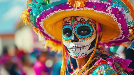 a vibrant Day of the Dead festival showcasing colorful masks, costumes, and lively performances.