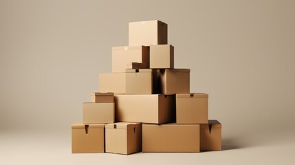 Fototapeta premium Stack of cardboard boxes against a beige background.