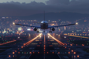 At night, the planes at the airport are taking off