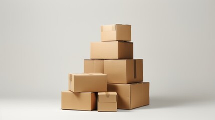 Fototapeta premium Stack of brown cardboard boxes against a white background.
