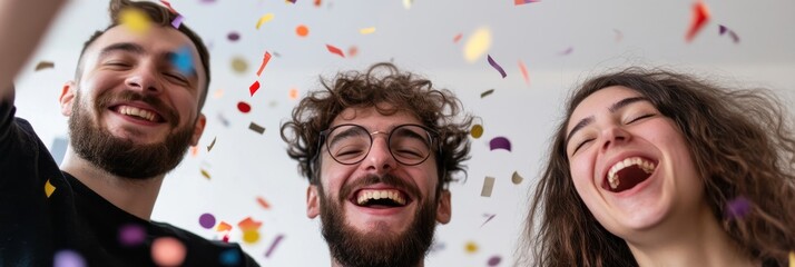 Three joyful friends are laughing together while colorful confetti rains down around them, capturing a lively and celebratory atmosphere filled with happiness and fun.