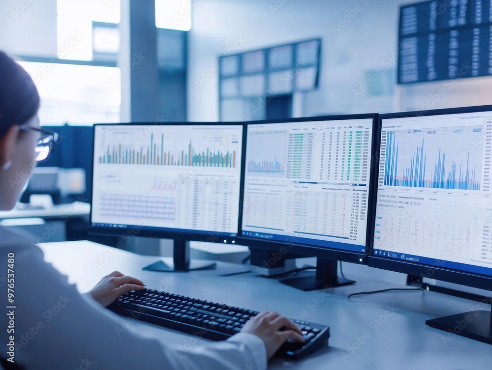 Poster a professional analyzing data on multiple screens in a modern office environment, showcasing the imp
