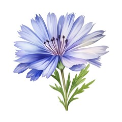 Obraz premium Vibrant Blue Chicory Flower with Green Leaves - Botanical Watercolor