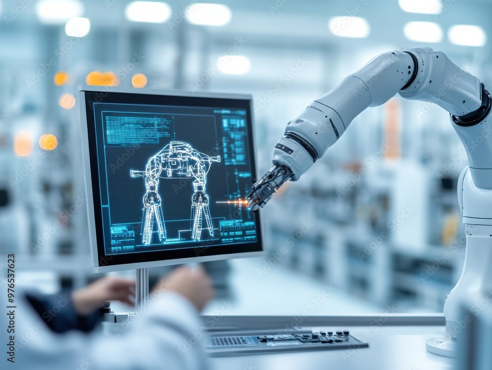 Poster a robotic arm interacts with a computer interface, showcasing advanced automation in modern manufact
