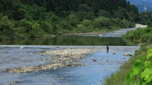 川で鮎釣りをしている男性　釣り人　自然　風景