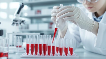 A scientist carefully conducting an experiment with test tubes and a pipette in a modern laboratory setting.