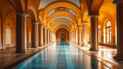 Obraz premium Empty luxurious indoor swimming pool with ornate arches, columns, and vibrant golden hues, capturing a serene and opulent ambiance.