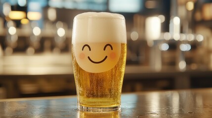 Happy Beer Glass on Bar Counter with Bokeh Background