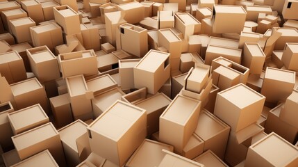 Abstract background with many brown cardboard boxes piled on top of each other.