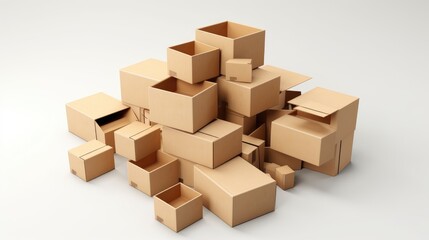 A pile of cardboard boxes of various sizes against a white background.